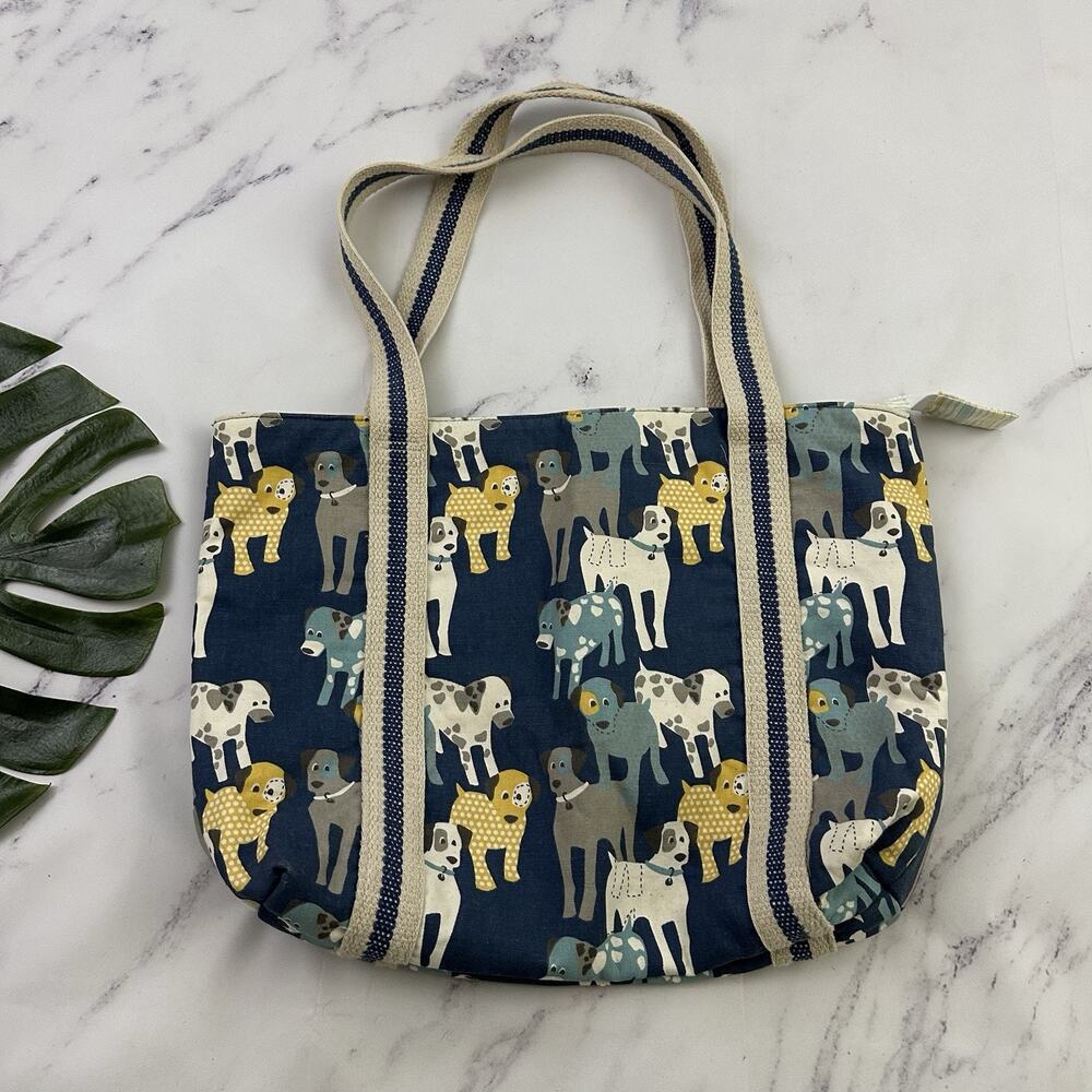 Turquoise Mountain Dog Print Canvas Tote Bag Blue White Handmade Zipper Top - Picture 6 of 11